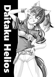  1girl animal_ears bead_bracelet beads belt bracelet breasts character_name collarbone cutoffs daitaku_helios_(fun_fun_party_night)_(umamusume) daitaku_helios_(umamusume) ear_covers fang greyscale grin hair_ornament hairclip hand_on_own_hip highres horse_ears horse_girl horse_tail jewelry long_hair looking_at_viewer midriff_peek monochrome necklace one_eye_closed open_mouth raijoman shirt shorts side_ponytail small_breasts smile solo star_(symbol) star_hair_ornament tail teeth tied_shirt umamusume w 
