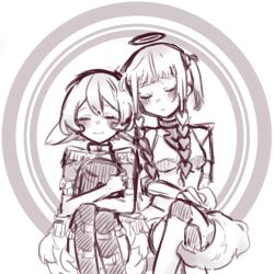  2girls blush closed_eyes closed_mouth cyber_fashion epaulettes hair_wings halo hat head_tilt heads_together heart height_difference magical_girl mahou_shoujo_ikusei_keikaku mahou_shoujo_ikusei_keikaku_limited multiple_girls postarie rain_pow retrofuturism shiromiso23 simple_background sitting smile traditional_halo twintails white_background yuri 