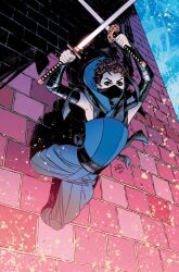  1girl arms_up artist_collaboration blue_pants brick_wall brown_eyes brown_hair commentary dual_persona english_commentary highres holding holding_sword holding_weapon hood imminent_attack initial intangible katana kitty_pryde looking_at_viewer marvel mask matt_wilson official_alternate_costume official_art pants russell_dauterman short_hair solo sword weapon western_comics_(style) x-men 