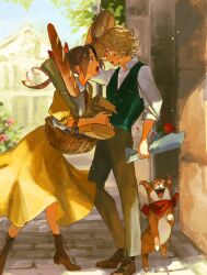  1boy 1girl absurdres arm_up bag baguette basket black_socks blonde_hair blue_eyes boots bow bread brown_bag brown_boots brown_eyes brown_hair brown_hat brown_pants brown_shoes bush choroi_amachori collared_dress commentary_request day dog dress elbow_carry eye_contact face-to-face flower food from_side full_body green_vest hair_between_eyes hair_bow hat hetero highres holding holding_bag holding_flower holding_unworn_clothes holding_unworn_hat leaf light_blush looking_at_another neck_ribbon open_mouth outdoors pants paris_ni_saku_etoile parted_bangs pavement ponytail profile puffy_short_sleeves puffy_sleeves red_bow red_flower red_ribbon red_rose ribbon rose rose_bush ruslan_(paris_ni_saku_etoile) shirt shoes short_hair short_sleeves socks standing teeth three-quarter_sleeves tsuguta_fujiko unworn_hat unworn_headwear upper_teeth_only vest white_shirt wicker_basket yellow_dress 