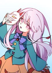  1girl blue_background bow bowtie bubble_skirt commentary_request fox_mask gradient_background hata_no_kokoro highres holding holding_mask illust_atelier3 long_hair long_sleeves looking_at_viewer mask one-hour_drawing_challenge open_mouth orange_skirt pink_eyes pink_hair purple_bow purple_bowtie signature skirt skirt_cutout solo touhou very_long_hair 