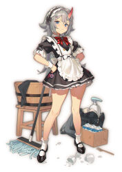  1girl 95_(jiuwujiang) :< absurdres alternate_costume apron black_dress black_hairband black_ribbon black_shoes blue_eyes blush broken_cup broom commentary_request dress fork frilled_dress frilled_hairband frilled_socks frills full_body grey_hair hair_ribbon hairband hands_on_own_hips highres horns legs long_hair looking_at_viewer maid neck_ribbon neverness_to_everness red_horns red_ribbon ribbon sakiri_(neverness_to_everness) shoes short_dress short_sleeves simple_background single_horn socks solo standing white_apron white_background white_socks 
