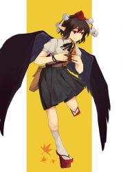 1girl bird_wings black_ribbon black_skirt black_wings camera commentary_request full_body grin hat highres holding holding_camera kneehighs leg_up multicolored_shirt neck_ribbon onionmay pleated_skirt pointy_ears pom_pom_(clothes) puffy_short_sleeves puffy_sleeves red_eyes red_hat red_sandals ribbon sandals shameimaru_aya shirt short_sleeves skirt smile socks solo tokin_hat touhou white_shirt white_socks wings 