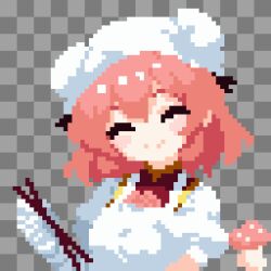  1girl apron bandaged_arm bandages blush breasts bun_cover cuffs double_bun flower hair_bun highres ibaraki_kasen looking_at_viewer pink_hair pixel_art rose shirt short_hair skirt smile solo tabard takeez3 touhou 