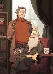  :d animal arm_behind_back arm_rest beard bookshelf braid braided_beard brown_coat bunny_ears_prank chair coat crispyartdev crossed_legs cup curtains day extra_digits facial_hair fiddleford_mcgucket ford_pines glasses gravity_falls green_robe grey_hair grin highres jewelry looking_at_viewer lounge_chair mabel_pines mature_male open_clothes open_coat popped_collar raccoon red_shirt ring robe rope round_eyewear ship_in_a_bottle shirt sideburns sitting smile sparkle turtleneck waddles wedding_ring white_hair window_light wrinkled_skin 