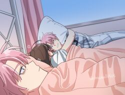  1boy 1girl 500_dollar_four_foot_tall_mareep_(meme) :| ;d ahoge bags_under_eyes bed_sheet blue_eyes blush brown_hair chinese_commentary chocoball0505 closed_mouth commentary_request curtains dakimakura_(object) earrings facing_away fukuhara_tamon grin hair_between_eyes hetero highres hugging_object indoors jewelry kinoshita_utage looking_ahead lying meme mole mole_under_eye on_back on_side one_eye_closed parted_bangs pillow pillow_hug pink_hair shirt short_hair short_sleeves side_part smile t-shirt tamon-kun_ima_docchi twitter_username under_covers white_shirt window 