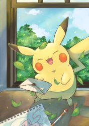  :d absurdres closed_eyes clouds commentary_request day envelope falling_leaves highres holding holding_envelope katiwari7293 leaf mew_(pokemon) no_humans open_mouth pencil pikachu pokemon pokemon_(creature) pokemon_day pokemon_focus sketchbook sky smile solo window 