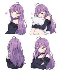  1girl ahoge alternate_hairstyle bare_shoulders black_choker black_shirt blue_eyes blush breasts choker closed_mouth collarbone commentary_request cropped_legs cropped_torso crossed_arms dot_nose ear_piercing from_behind from_side gakuen_idolmaster hair_down half-closed_eyes heart highres hugging_object idolmaster kaya_rinha knees_up long_hair long_sleeves looking_at_viewer medium_breasts mole mole_on_neck multiple_views off-shoulder_shirt off_shoulder piercing pillow pillow_hug purple_hair shinouzip shirt shirt_tucked_in sidelocks simple_background sitting skirt small_breasts smile straight_hair tsurime turning_head upper_body white_background white_skirt 