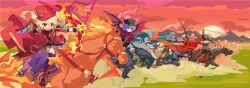  2girls 6+others alternate_costume alternate_headwear ambiguous_gender armor arrow_(projectile) barding black_hat black_jacket black_skirt blonde_hair blue_hair boots bow_(weapon) cape chinese_commentary closed_mouth coat commentary_request crystal crystal_wings devilkillerx drawing_bow fiery_hair fingerless_gloves fire flag flaming_weapon flandre_scarlet full_armor gloves hat highres holding holding_arrow holding_bow_(weapon) holding_polearm holding_reins holding_weapon horse horseback_riding jacket knight military_hat military_uniform multicolored_wings multiple_girls multiple_others neck_ribbon one_side_up open_clothes open_coat orange_sky outdoors pink_cape polearm purple_gloves purple_thighhighs red_boots red_coat red_eyes red_hat red_ribbon reins remilia_scarlet ribbon riding siblings sisters skirt sky smile spear stirrups_(riding) sun thigh-highs touhou weapon wings 