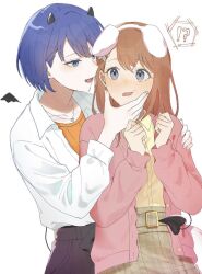  !? 2girls animal_ear_hairband animal_ears blue_eyes blue_hair blush brown_skirt cardigan commentary_request demon_horns demon_tail demon_wings fake_animal_ears fangs grey_eyes hairband hanasato_minori hand_on_another's_face hand_on_another's_shoulder heart heart_necklace highres horns je_000 jewelry kiritani_haruka long_hair multiple_girls necklace open_mouth orange_hair orange_shirt pink_cardigan project_sekai rabbit_ear_hairband rabbit_ears shirt short_hair simple_background skirt tail tail_around_another's_waist white_background white_shirt wings yellow_shirt yuri 