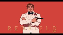  1boy black_bow black_bowtie bow bowtie brown_hair chris_redfield commentary crossed_arms english_commentary facial_hair flower gamubear goatee_stubble gun handgun highres holding holding_gun holding_weapon jacket james_bond_(series) long_sleeves male_focus mature_male mustache_stubble parody red_flower red_rose resident_evil rose shirt stubble suit thick_eyebrows upper_body walther_ppk weapon white_jacket white_shirt white_suit 
