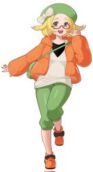  1girl :d bag bianca_(pokemon) black_bow blonde_hair bow commentary_request corrupted_twitter_file deuleo379341 footwear_bow glasses green_bag green_eyes green_hat green_pants hat hat_bow highres jacket korean_commentary long_sleeves looking_at_viewer open_clothes open_jacket open_mouth orange_jacket orange_shoes pants pokemon pokemon_black_2_and_white_2 red-framed_eyewear shirt shoes short_hair shoulder_bag smile solo standing standing_on_one_leg teeth upper_teeth_only white_background white_bow white_shirt 