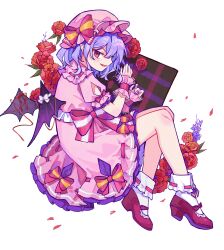  1girl absurdres bat_wings block_heels bow bow_on_wing clothing_cutout commentary_request dress dress_bow falling_petals fang fingernails flower frilled_dress frilled_sleeves frilled_wrist_cuffs frills full_body hat hat_bow highres knees_together_feet_apart lace-trimmed_bow lace-trimmed_wrist_cuffs lace_trim looking_at_viewer lying mobile_suit nail_polish on_side orange_flower parted_lips petals petticoat pink_bow pink_dress pink_hat pink_wrist_cuffs pointy_ears puffy_short_sleeves puffy_sleeves purple_flower purple_hair purple_nails red_bow red_flower red_ribbon red_shoes remilia_scarlet ribbon ribbon-trimmed_dress ribbon-trimmed_socks ribbon_trim sailor_dress shoes short_hair short_sleeves shoulder_cutout sideways_glance smile socks solo striped_bow touhou translation_request white_socks wing_ribbon wings wrist_cuffs yutsuko 