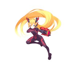  1girl absurdres adapted_costume aizeis alternate_costume arm_cannon armor armored_boots biometal blonde_hair bodysuit boots breasts chrome_raven commission commissioner_upload elf_(mega_man_zx_prequel) full_body gloves green_eyes highres horns long_bangs long_hair mechanical_ears mechanical_horns mega_man_(series) mega_man_zx non-web_source original small_breasts solo thighs weapon 