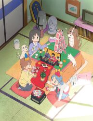  3girls absurdres aioi_yuuko anime_coloring arm_support artist_request bag black_eyes black_hair black_necktie blue_eyes blue_hair blue_pants blue_sweater bonbori_(lighting) brown_dog brown_hair can cat cat_teaser collared_shirt cushion dog drawing_(object) drink_can folding_screen food from_above fruit glasses groucho_glasses highres hina_ningyou hinadan hinamatsuri holding holding_can house_of_cards indoors kneeling kotatsu long_hair long_sleeves looking_at_another looking_to_the_side minakami_mai mochi multiple_girls naganohara_mio necktie nichijou official_art oguri_cap_(nichijou) on_cushion open_mouth orange_(fruit) pants paper_hat picture_frame pink_bag plant potted_plant pyon_(nichijou) rug sakura_mochi seiza semi-rimless_eyewear shield shirt short_hair sitting smile soda_can statue sunlight sweater table tail tail_wagging tatami television third-party_source tissue_box tongue tongue_out trash_can under-rim_eyewear under_kotatsu under_table wagashi white_cat white_dog white_shirt yellow_sweater zabuton 