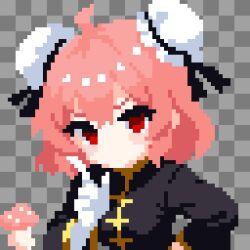  1girl bandaged_arm bandages breasts bun_cover chinese_clothes commentary_request cuffs double_bun hair_bun highres ibaraki_kasen medium_breasts pink_eyes pink_hair pixel_art red_eyes shirt short_hair solo tabard takeez3 touhou 