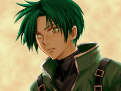  1boy commentary_request english_commentary fire_emblem fire_emblem:_radiant_dawn green_eyes green_hair male_focus official_alternate_costume osakabe_yanagi parted_lips short_hair simple_background solo sothe_(dawning_zephyr)_(fire_emblem) sothe_(fire_emblem) upper_body 