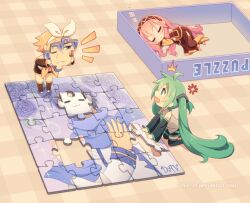  3girls ^^^ ahoge anger_vein aqua_eyes aqua_hair black_skirt blonde_hair bow bow_hairband box chibi chibi_only closed_eyes commentary dav-19 detached_sleeves english_commentary grey_shirt hairband hatsune_miku holding_puzzle_piece in_box in_container jigsaw_puzzle kagamine_rin kaito_(vocaloid) long_hair megurine_luka mini_person minigirl multiple_girls neckerchief notice_lines open_mouth pink_hair puzzle puzzle_piece shirt short_hair skirt sleeping u_u very_long_hair vocaloid watermark web_address white_bow yellow_neckerchief zzz 