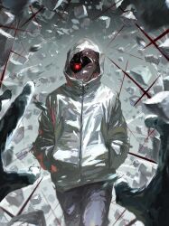  absurdres commentary_request highres hood hood_up hoodie itadori_yuji jujutsu_kaisen jujutsu_kaisen_modulo kota_2kx long_sleeves looking_at_viewer pink_hair pov pov_hands red_eyes scar scar_on_face scar_on_mouth solo_focus white_hoodie 