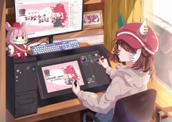  1girl animal_ears at_computer black_pantyhose blue_shorts blush book brown_hair casual chair closed_mouth commentary_request computer computer_keyboard computer_mouse computer_tower desk drawing_(action) drawing_tablet dress ear_covers ears_through_headwear hair_between_eyes hair_ornament hand_puppet hat heart heart_hands heart_hands_duo highres holding holding_stylus hood hood_down hoodie horse_ears horse_girl horse_tail livestream long_hair loves_only_you_(casual)_(umamusume) loves_only_you_(umamusume) marche_lorraine_(umamusume) mismatched_ear_covers monitor office_chair on_chair one_eye_closed pantyhose photo_(object) picture_frame puppet red_hair short_hair shorts sitting smile stylus swivel_chair tablet_pc tail umamusume violet_eyes white_hoodie yellow_eyes yukikawa_juri 