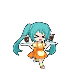  >_< 1girl apron aqua_hair bare_shoulders black_outline blush chibi chibi_only cola detached_sleeves drink full_body game_asset hair_tie hatsune_miku hatsune_miku_graphy_collection high-waist_skirt holding holding_tray long_hair nose_blush open_mouth orange_shorts orange_skirt outline pleated_skirt puffy_short_sleeves puffy_sleeves raised_inner_eyebrows running shirt shoes short_sleeves shorts skirt sneakers socks soda solo standing strapless strapless_shirt striped_clothes striped_socks suspender_skirt suspenders transparent_background tray twintails vocaloid waist_apron waitress yellow_apron yellow_shirt 