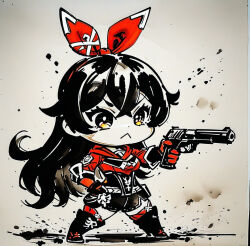 1girl ah_san amber_(genshin_impact) genshin_impact long_hair pistol serious
