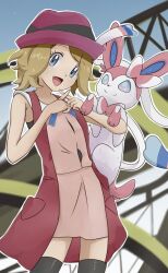 1girl absurdres blonde_hair blue_eyes blush bow breasts commentary_request crossed_fingers eyelashes hat highres looking_at_viewer open_mouth pokemon pokemon_(anime) pokemon_(creature) pokemon_the_series:_xy red_hat ribbon serena_(pokemon) shirt short_hair skirt sleeveless sleeveless_duster sleeveless_shirt smile suzume_tsumugi sylveon tail thigh-highs 