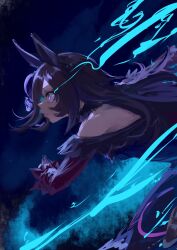  1girl animal_ears bare_shoulders blue_dress blue_flower blue_hat blue_rose breasts brown_hair dress eye_trail flipped_hair flower fur_choker hair_over_one_eye hat hat_flower highres horse_ears horse_girl inishie_kumo light_trail long_hair long_sleeves off-shoulder_dress off_shoulder parted_lips rice_shower_(rosy_dreams)_(umamusume) rice_shower_(umamusume) rose running small_breasts solo tilted_headwear umamusume violet_eyes 
