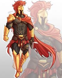  1boy abs arm_guards armor book breastplate cape clenched_hand corinthian_helmet d3rlord3 full_body highres holding holding_book knight kytalos male_focus red_cape searching_for_a_world_that_doesn't_exist shoulder_armor solo standing torn_cape torn_clothes walking_towards_viewer zoom_layer 