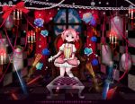 bad_id blue_rose bubble_skirt candle chair checkered choker decorations flower gloves glowing gun highres kaname_madoka kneehighs kyubey kyuubee lace madoka_runes magical_girl mahou_shoujo_madoka_magica pink_eyes pink_hair puffy_sleeves rentama ribbon rifle rose short_hair short_twintails sitting solo sword table title_drop transparent twintails weapon white_gloves white_kneehighs white_legwear window witch&#039;s_labyrinth witch's_labyrinth 