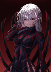  1girl absurdres black_dress body_markings breasts commentary corruption covered_groin cowboy_shot dark_persona dark_sakura dot_nose dress fate/stay_night fate_(series) gradient_background hair_between_eyes hair_ribbon hand_on_own_cheek hand_on_own_face hand_up heaven's_feel highres large_breasts long_hair long_sleeves matou_sakura parted_lips pink_ribbon red_background red_eyes red_theme ribbon side_slit simple_background smile solo sorahigashimizu standing striped_clothes striped_dress turtleneck vertical-striped_clothes vertical-striped_dress white_hair 