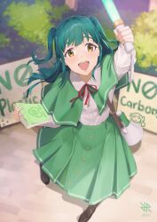  1girl artist_logo book brown_eyes brown_shoes capelet commentary_request english_text glowstick green_capelet green_hair green_skirt highres hiroki_ree holding holding_book holding_glowstick ikizulive!_love_live!_bluebird logo long_hair long_skirt long_sleeves looking_at_viewer love_live! megaphone neck_ribbon open_mouth red_ribbon ribbon shirt shoes skirt smile solo two_side_up white_shirt yamada_midori 