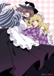  2girls adapted_costume apron black_hat black_skirt blonde_hair bow breasts brown_eyes brown_hair checkered_background checkered_clothes commentary_request cover cover_page frilled_apron frilled_sleeves frills hair_bow hand_on_another's_shoulder hat hat_bow highres japanese_clothes long_sleeves maribel_hearn medium_hair mob_cap multiple_girls novel_cover obi open_mouth red_ribbon ribbon ruri_rarako sash second-party_source skirt striped_clothes touhou twitter_username usami_renko white_apron white_bow white_hat white_sash wide_sleeves 
