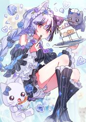 1girl animal animal_ear_fluff animal_ears black_boots blush boots cat cat_ears cat_girl cat_tail closed_mouth commentary double-parted_bangs fork full_body hair_between_eyes highres holding holding_fork knee_boots long_hair looking_at_viewer original purple_hair red_eyes sitting solo tail tiered_tray tsukumi_bis untranslatable_commentary watermark 