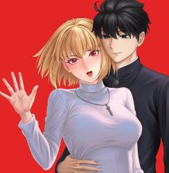  1boy 1girl ahoge antenna_hair arcueid_brunestud arm_around_another's_waist black_eyes black_hair blonde_hair blush breasts buttons collared_shirt floating_hair gakuran hair_intakes hand_on_another's_waist head_tilt highres jewelry leaning_on_person loannes messy_hair nanaya_shiki necklace open_mouth red_background school_uniform shirt short_hair sidelocks smile souya_high_school_uniform sweater tohno_shiki tsukihime tsukihime_(remake) turtleneck turtleneck_sweater upper_body waving white_sweater 