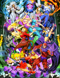 5girls 6+boys 6+girls :d android arm_cannon armor ass aura battle beard belt black_hair blackheart_(marvel) blonde_hair blue_eyes blue_sailor_collar bodysuit boots boxing_gloves breasts brown_hair cape captain_commando_(character) chinese_clothes clenched_hand clenched_hands colored_skin company_connection crossover dark-skinned_female dark_skin dougi dress earrings electricity energy_ball facial_hair fighting fighting_stance fingerless_gloves fire floating flying_kick food genzoman gloves green_ribbon grey_hair grin guile hair_ribbon hairband headband helmet hibiki_dan high_kick highres holding horns jewelry kasugano_sakura ken_masters kicking knee_boots large_breasts long_hair looking_at_viewer magneto marvel marvel_vs._capcom marvel_vs._capcom_2 mask medium_breasts mega_man_(series) monkey multiple_boys multiple_crossover multiple_girls muscular mustache open_mouth panties pantyhose ponytail punching pyrokinesis red_dress red_eyes red_sailor_collar ribbon robot roll_(mega_man) sailor_collar school_uniform sentinel_(x-men) serafuku shoes short_hair skirt smile sonson spandex spiky_hair spiral_(marvel) staff standing star_(symbol) storm_(x-men) street_fighter sword tail tank_top teeth tonfa underwear war_machine weapon western_comics_(style) white_hair wings 