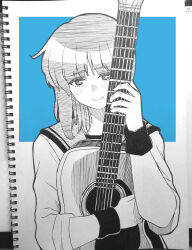  021_shiro 1girl absurdres angel_beats! blue_background blush closed_mouth commentary english_commentary eyes_visible_through_hair greyscale guitar hair_between_eyes hand_up highres holding holding_guitar holding_instrument instrument iwasawa_masami long_sleeves looking_at_viewer medium_hair monochrome photo_(medium) sailor_collar shinda_sekai_sensen_uniform simple_background sleeves_rolled_up smile solo split_mouth tsurime two-tone_background upper_body white_background wristband 