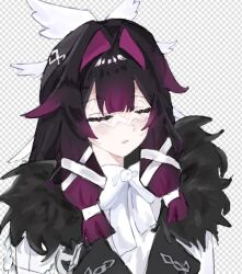  1girl black_hair bow bowtie c4t_wolf closed_eyes coat columbina_(genshin_impact) commentary_request eye_mask fatui_coat fur-trimmed_coat fur_trim genshin_impact hair_ornament hair_ribbon head_wings long_hair mask multicolored_hair multiple_wings purple_hair purple_streaks ribbon solo streaked_hair two-tone_hair upper_body white_bow white_wings wing_hair_ornament wings 