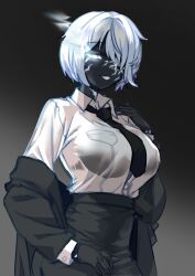  1girl absurdres black_fire black_suit_(blue_archive) blue_archive blue_archive_the_animation collared_shirt cracked_skin fire genderswap genderswap_(ftm) glowing glowing_eye grin highres jacket necktie shirt short_hair smile suit tomoru_(tomanvil_3) white_hair white_shirt 