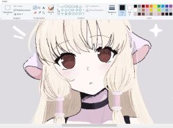  1girl @_@ android art_program_in_frame black_bra black_choker blonde_hair blunt_bangs blush blush_stickers bra brown_eyes chii chobits choker four-pointed_star grey_background hair_tubes long_hair looking_at_viewer microsoft_paint_(medium) nithzenithh persocom_(chobits) portrait ringed_eyes robot_ears second-party_source simple_background solo underwear 