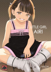 1girl bare_shoulders black_dress blush boots brown_eyes brown_hair cover cover_page doujin_cover dress english_commentary flat_chest holding holding_removed_eyewear loli looking_at_viewer original rustle short_hair sitting smile solo twintails unworn_eyewear
