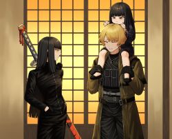  1boy 2girls a_certain_sinclair_(project_moon) absurdres animal_on_shoulder animal_print araya_(project_moon) belt bird bird_on_shoulder black_bird black_hair black_jacket black_pants black_sandals blonde_hair blue_kimono blue_streaks blunt_bangs blunt_ends blunt_sidelocks breasts butterfly_print butterfly_print_kimono carrying child closed_eyes closed_mouth co_duck coat commentary commission drawstring english_commentary furrowed_brow grabbing_another's_hair green_coat grey_belt grey_eyes grin hands_in_pockets highres hime_cut holding_another's_hair jacket japanese_clothes jewelry kimono limbus_company long_hair long_sidelocks long_sleeves looking_at_another looking_down loose_belt mother_and_child mother_and_daughter multicolored_hair multiple_girls necklace ootachi open_clothes open_coat pants parent_and_child parted_bangs piggyback pout print_kimono profile project_moon red_eyes ryoshu_(project_moon) sandals short_hair short_kimono shouji sidelocks sinclair_(project_moon) sliding_doors small_breasts smile streaked_hair sword sword_on_back track_jacket turtleneck two-tone_hair weapon weapon_on_back zipper 
