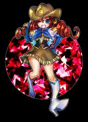  1girl black_background blue_eyes blue_gloves commentary_request cowboy_hat english_commentary fingerless_gloves freckles gloves grin hair_between_eyes happinesscharge_precure! hat hat_ornament index_finger_raised international_precure magical_girl mixed-language_commentary one_eye_closed precure red_hair red_haired_cure_(bomber_girls_precure)_(happinesscharge_precure!) senmu_(0107) simple_background smile solo star_(symbol) star_hat_ornament twintails 