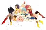  5girls akemi_homura black_hair blonde_hair blood blood_stain blue_hair boots food highres kaname_madoka magical_girl mahou_shoujo_madoka_magica miki_sayaka mouth_hold multiple_girls pantyhose pink_hair ponytail red_eyes sakura_kyouko simple_background smile taiyaki teaco thighhighs tomoe_mami wagashi 