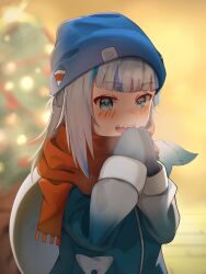  1girl absurdres blue_eyes blue_hat christmas_tree fins fish_tail gawr_gura gawr_gura_(winter_casual) gloves hat highres hololive hololive_english long_hair long_sleeves multicolored_hair official_alternate_costume open_mouth red_scarf scarf shark_girl shark_tail sharp_teeth tail teeth tuturubanan virtual_youtuber white_hair winter_clothes 