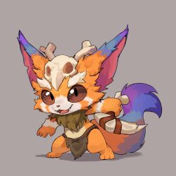  1boy blue_fur bone_weapon commentary_request fangs furry furry_male gnar_(league_of_legends) hair_ornament holding holding_weapon korean_commentary league_of_legends loincloth looking_at_viewer male_focus multicolored_fur open_mouth orange_fur purple_fur skull_hair_ornament smile weapon weeruka 