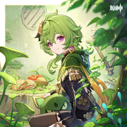  1girl absurdres bridal_gauntlets chinese_commentary collei_(genshin_impact) commentary_request cuilein-anbar_(genshin_impact) gem genshin_impact green_hair green_leaf hair_between_eyes hair_ornament highres long_hair long_sleeves looking_at_viewer official_art outdoors purple_gem sitting smile thigh-highs violet_eyes 