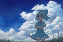 1girl blue_bow blue_dress blue_eyes blue_hair blue_sky blush bow cirno closed_mouth clouds collared_shirt commentary crossed_arms day detached_wings dress english_commentary grass hair_between_eyes hair_bow highres ice ice_wings looking_at_viewer neck_ribbon outdoors pinafore_dress puffy_short_sleeves puffy_sleeves red_ribbon ribbon shirt short_sleeves sky sleeveless sleeveless_dress smile solo toorooo touhou white_shirt wings 