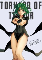  absurdres black_dress breasts commentary curly_hair dress english_commentary flipped_hair green_eyes green_hair highres naked_dress no_panties one-punch_man pear-shaped_figure petite side_slit small_breasts starficsboy tatsumaki 