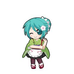  1girl apron aqua_eyes aqua_hair black_outline blush chibi chibi_only closed_mouth flower full_body game_asset green_kimono grid_print hair_between_eyes hair_bun hair_flower hair_ornament hatsune_miku hatsune_miku_graphy_collection japanese_clothes kimono looking_at_viewer maid okobo one_eye_closed outline pantyhose platform_sandals purple_pantyhose sandals single_hair_bun smile solo standing tabi tasuki transparent_background tying v-shaped_eyebrows vocaloid wa_maid waist_apron white_apron 